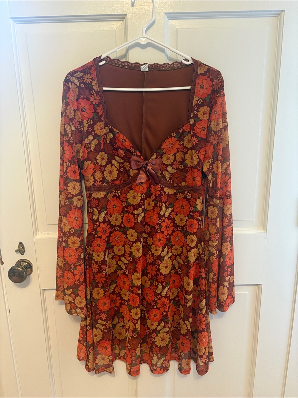 Vintage-Inspired Floral Long Sleeve Dress in Brown & Orange